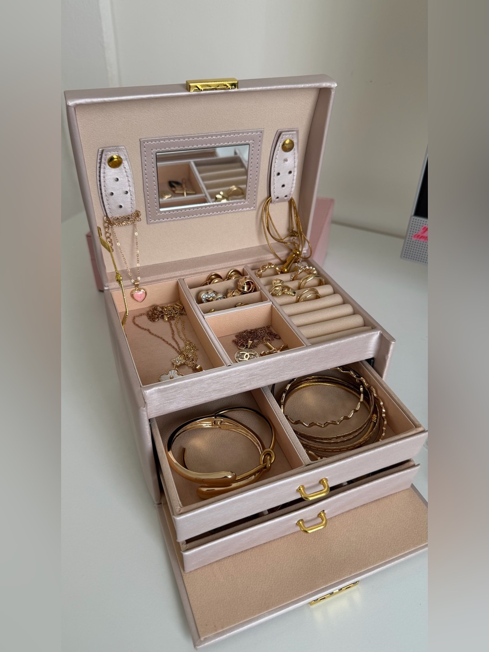 Pink Satin Jewelry Box with Mirror and Drawers